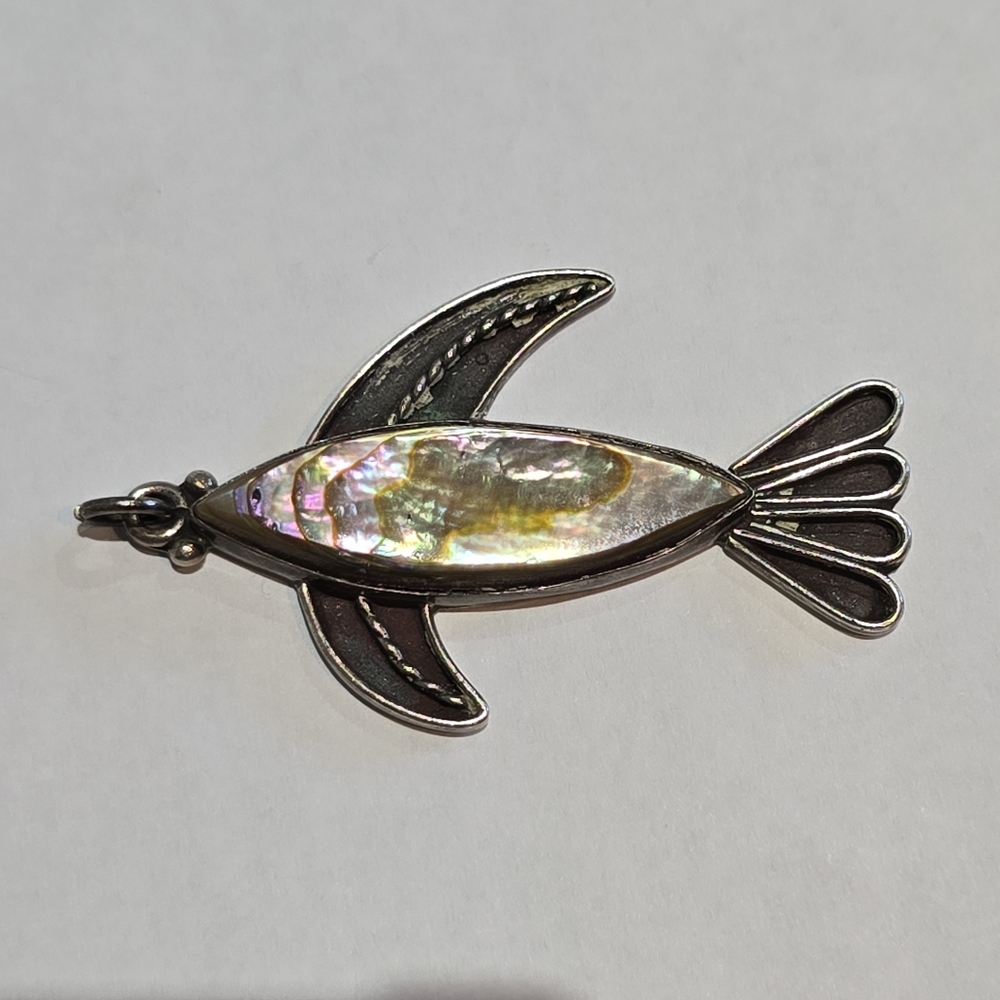 Vintage Abalone Fish Pin: Handmade 925 Sterling Silver Mexico Pendant
